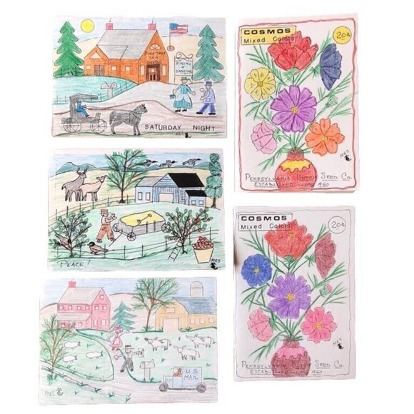 Blank Note Cards Hand Sketched PA Folk Art Country Saturday Night Peace Cosmos - Picture 1 of 10